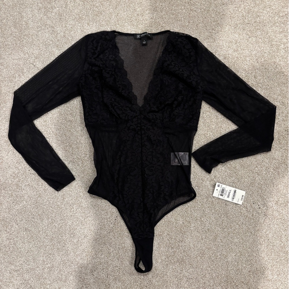 INC International Concepts Black Sheer Lace Bodysuit